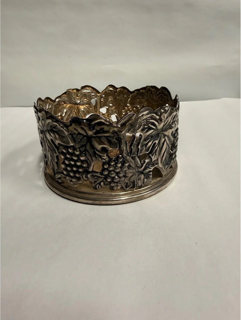 Vintage Decorative Silver Wine Coaster with Grape Leaf Design